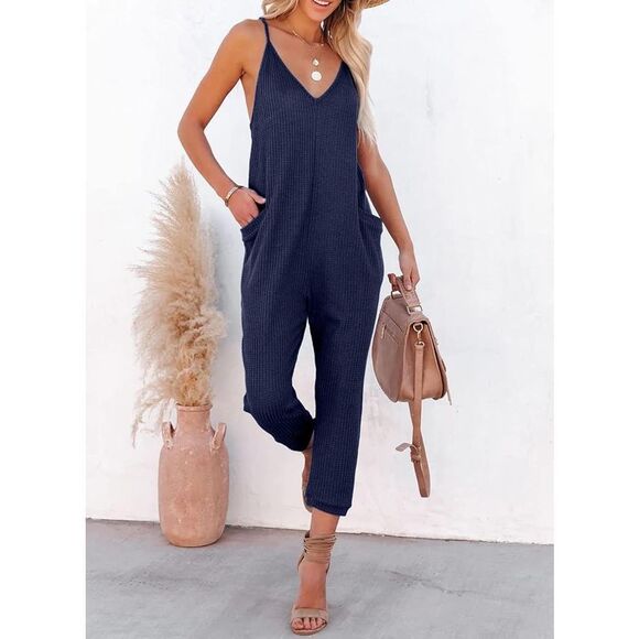 NWOT Casual Jumpsuit Romper Pockets Stretchy‎ Slouchy Navy Size XS - Picture 2 of 16